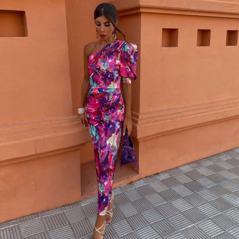 Milava™ | Fioletowa Midi Sukienka z Jednym Ramieniem