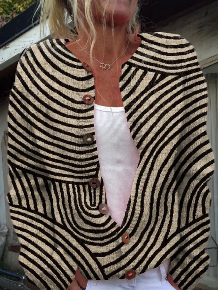 Sweter Kardigan z Wzorem Retro Rysowanej Linii z Guzikami