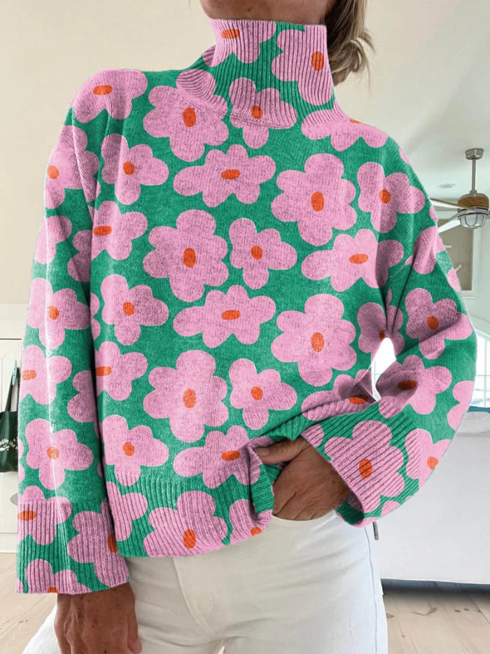 Kobiece Urocze Kwiatowe Wzory Sweter z Golfem
