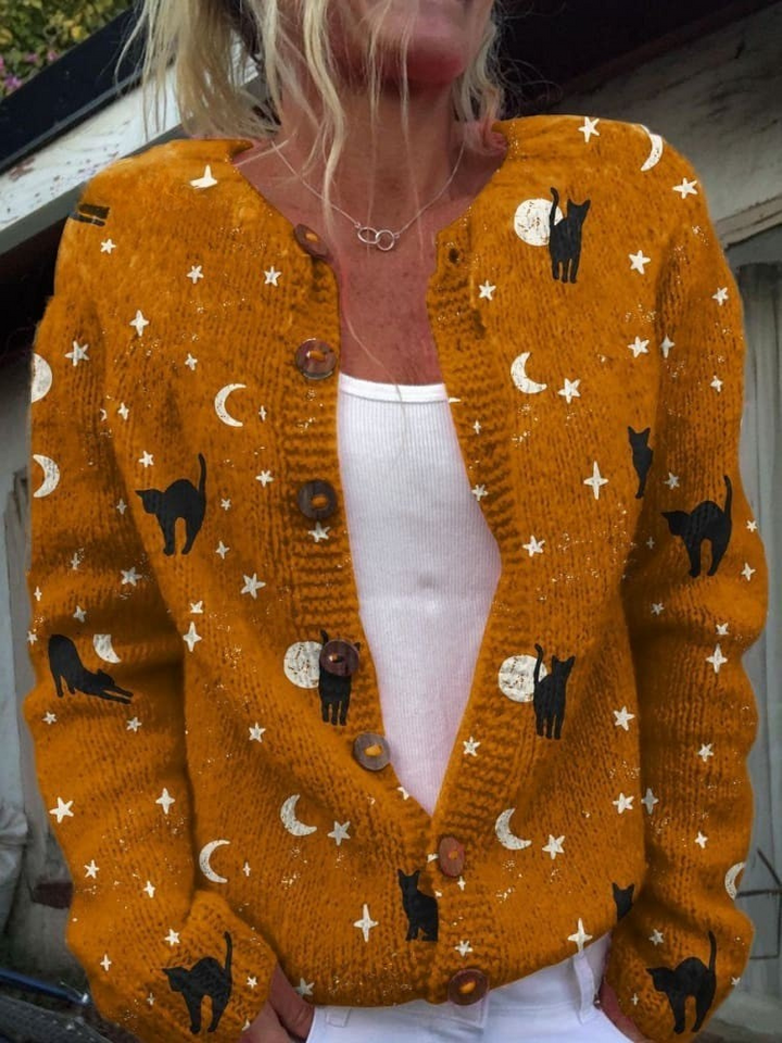 Milava™ Sweter Kardigan z Guzikami w Motyw Czarnego Kota na Halloween