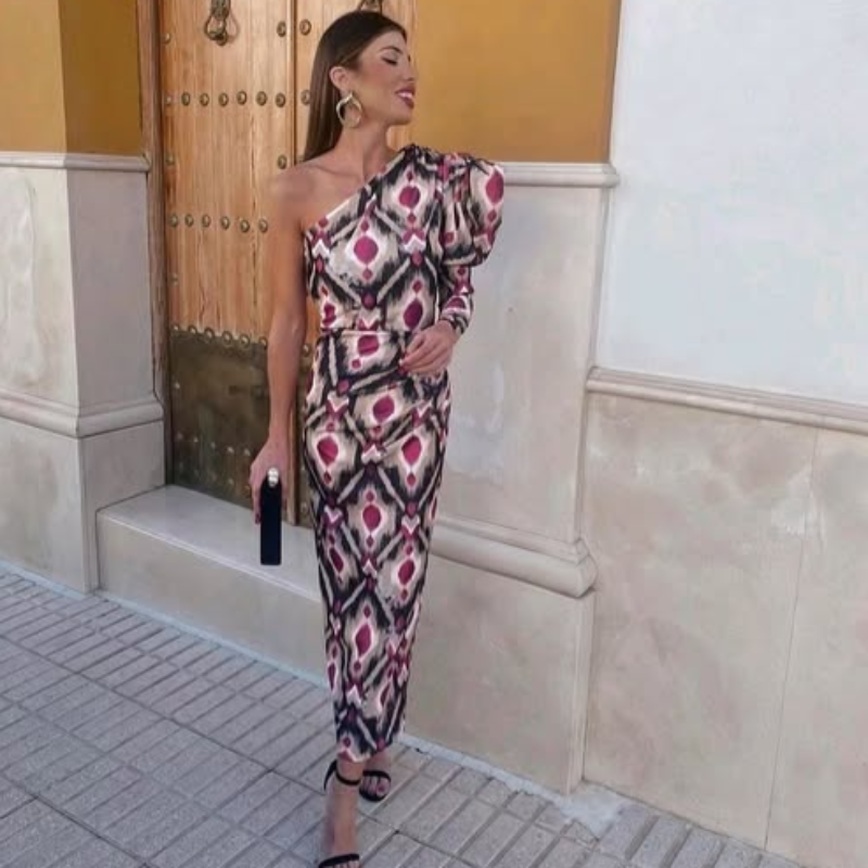 Milava™ | Fioletowa Midi Sukienka z Jednym Ramieniem