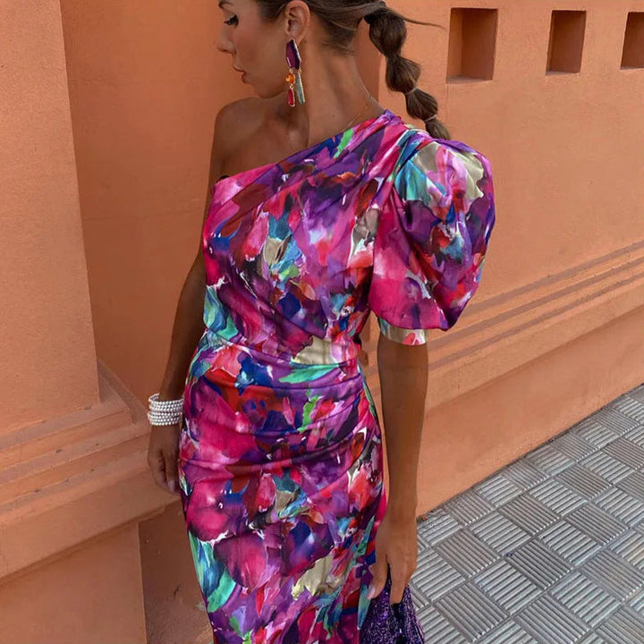 Milava™ | Fioletowa Midi Sukienka z Jednym Ramieniem