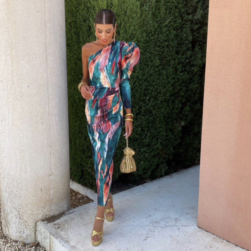 Milava™ | Fioletowa Midi Sukienka z Jednym Ramieniem