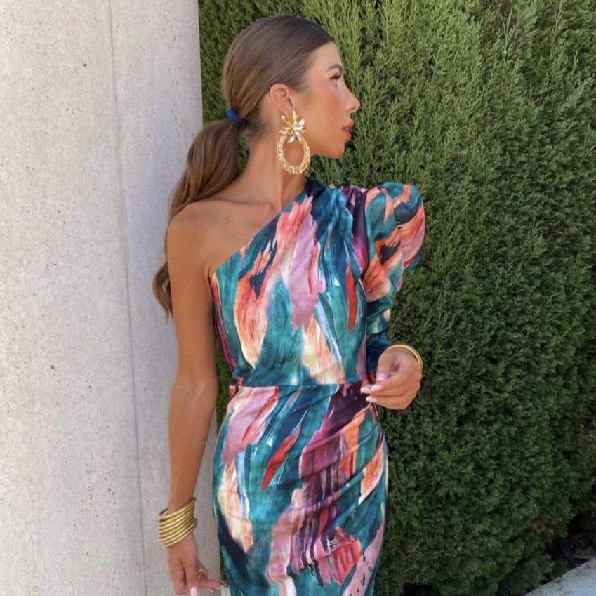 Milava™ | Fioletowa Midi Sukienka z Jednym Ramieniem