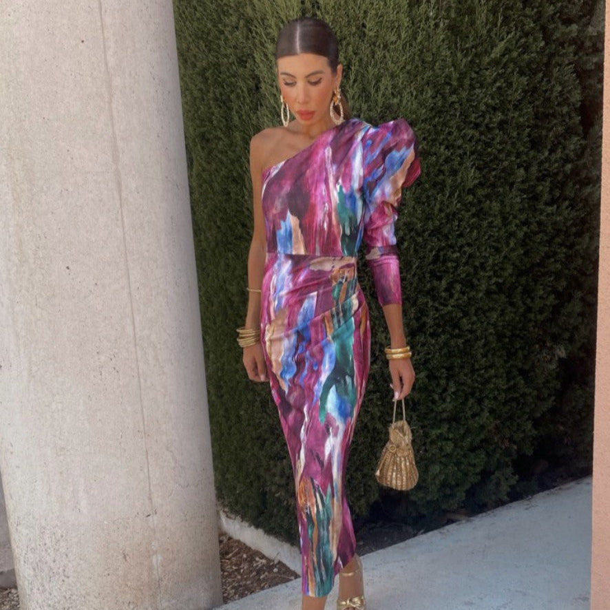 Milava™ | Fioletowa Midi Sukienka z Jednym Ramieniem