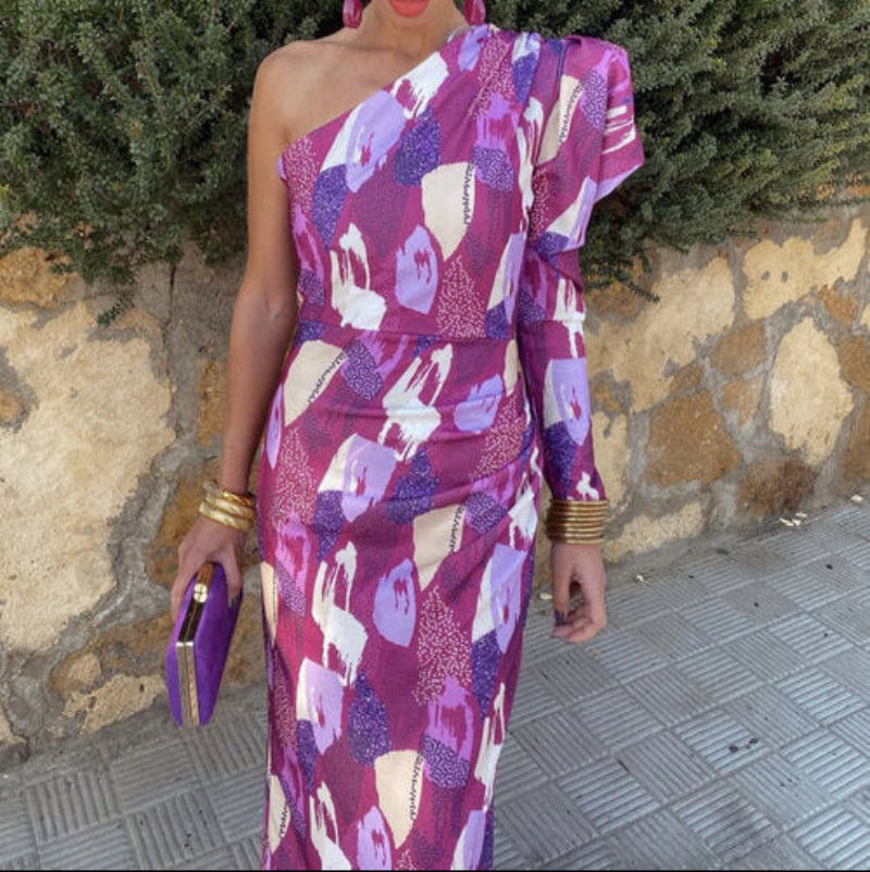 Milava™ | Fioletowa Midi Sukienka z Jednym Ramieniem