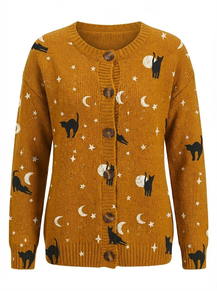 Milava™ Sweter Kardigan z Guzikami w Motyw Czarnego Kota na Halloween
