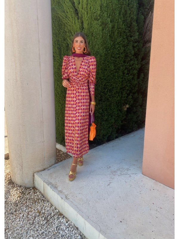 Milava™ | Sukienka midi z długimi rękawami i wzorem