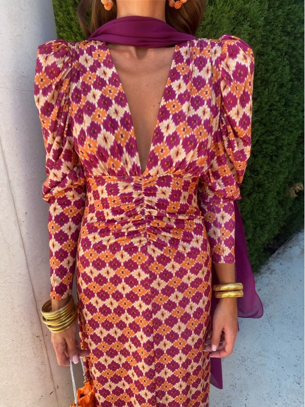 Milava™ | Sukienka midi z długimi rękawami i wzorem